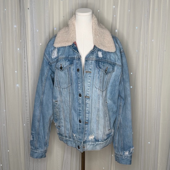 Free People Plaid Lined Denim Sherpa Collar Trucker Oversized Jacket *Flawed - Picture 2 of 9